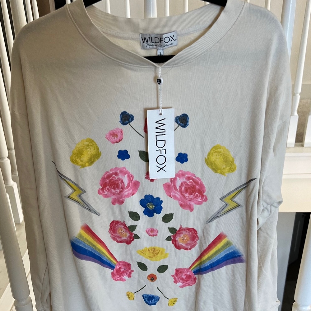 Wildfox Women’s Oversized Sweater Cream Floral Rose Rainbow Flowers size Small
